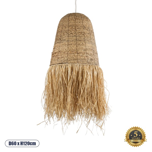 GloboStar® PORTOFERRAIO 02190 Boho Κρεμαστό Φωτιστικό Οροφής Μονόφωτο 1 x E27 AC220-240V IP20 - Φ60 x Υ120cm - Μπεζ Φυσική Ράφια Νήμα Πλέγμα Καμπάνα - 5 Χρόνια Εγγύηση