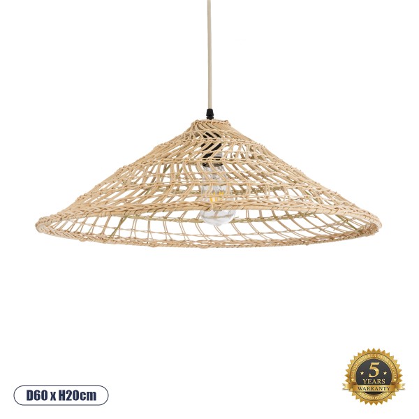 GloboStar® KAIA 02346 Boho Κρεμαστό Φωτιστικό Οροφής Μονόφωτο 1 x E27 AC220-240V IP20 - Φ60 x Υ20cm - Μπεζ Ξύλινο Μπαμπού Πλέγμα Καμπάνα - 5 Χρόνια Εγγύηση