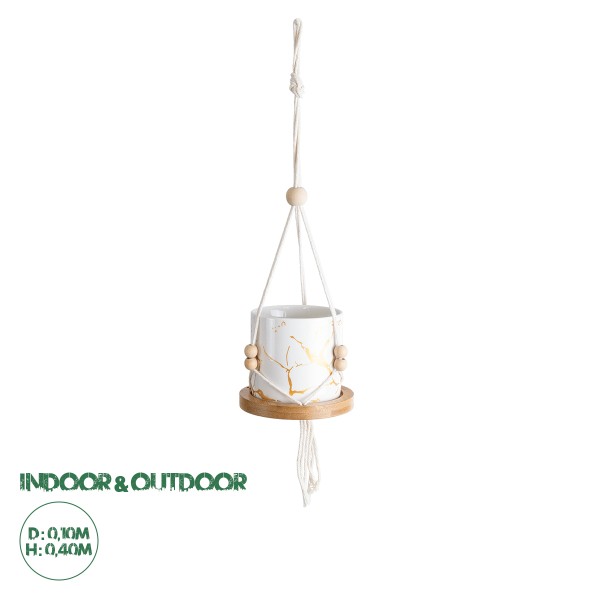 GloboStar® Artificial Garden USBOA 20545 Κρεμαστό Διακοσμητικό Κεραμικό Κασπώ Γλάστρα - Flower Pot Λευκό με Χρυσές Λεπτομέρειες και Μπεζ Ξύλινη Βάση Φ10 x Υ40cm