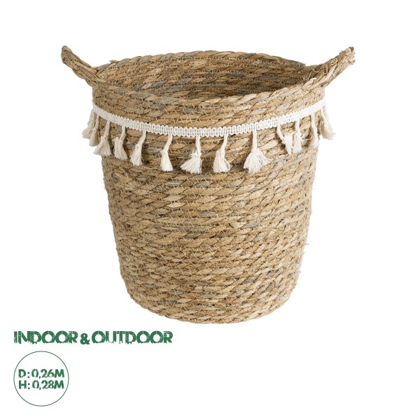 GloboStar® Artificial Garden SANTORINI 20573 Διακοσμητικό Πλεκτό Κασπώ Γλάστρα - Flower Pot Μπεζ με Λευκό Φ26 x Υ28cm