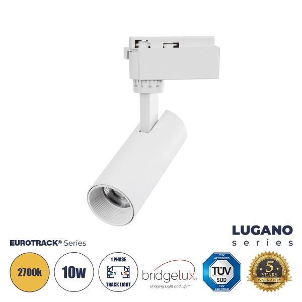 GloboStar® LUGANO 60802 Μονοφασικό Φωτιστικό Σποτ Ράγας LED 10W 1200lm 36° Acrylic HQ LENS AC 220-240V IP20 Φ4.5 x Υ19cm Θερμό Λευκό 2700K - EUROTRACK® System 1L+1N - Λευκό - Bridgelux Chip - TÜV Certified Driver - 5 Χρόνια Εγγύηση