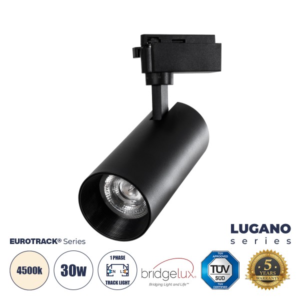 GloboStar® LUGANO 60816 Μονοφασικό Φωτιστικό Σποτ Ράγας LED 30W 3750lm 36° Acrylic HQ LENS AC 220-240V IP20 Φ7.5 x Υ22.7cm Φυσικό Λευκό 4500K - EUROTRACK® System 1L+1N - Μαύρο - Bridgelux Chip - TÜV Certified Driver - 5 Χρόνια Εγγύηση