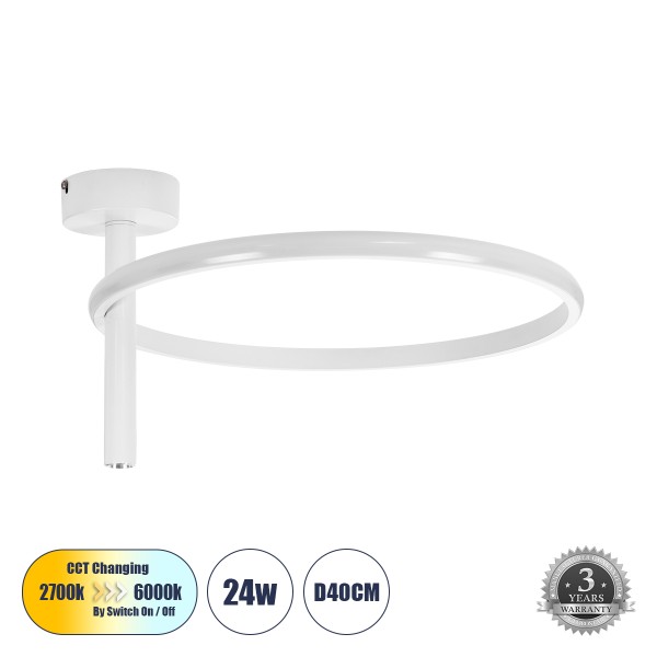 GloboStar® VERONA 61221 Φωτιστικό Οροφής Δαχτυλίδι-Κύκλος LED CCT 24W 2688lm 360° AC 220-240V - Εναλλαγή Φωτισμού μέσω Διακόπτη On/Off All In One Ψυχρό 6000k+Φυσικό 4500k+Θερμό 2700k Φ40 x Υ23cm - Λευκό - 3 Χρόνια Εγγύηση