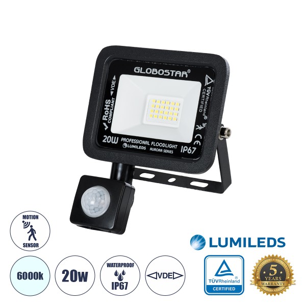 GloboStar® AURORA 61437 Επαγγελματικός Προβολέας LED 20W 2500lm 120° AC 220-240V με Ενσωματωμένο Ρυθμιζόμενο Αισθητήρα Κίνησης PIR - Αδιάβροχος IP67 - Μ12 x Π5 x Υ14.5cm - Μαύρο - Ψυχρό Λευκό 6000K - LUMILEDS Chips - TÜV Rheinland Certified - 3 Years Warr