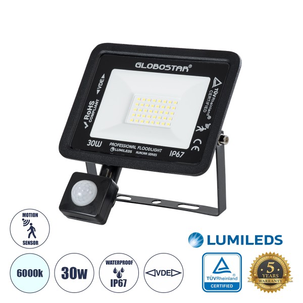 GloboStar® AURORA 61439 Επαγγελματικός Προβολέας LED 30W 3750lm 120° AC 220-240V με Ενσωματωμένο Ρυθμιζόμενο Αισθητήρα Κίνησης PIR - Αδιάβροχος IP67 - Μ16 x Π5 x Υ17.5cm - Μαύρο - Ψυχρό Λευκό 6000K - LUMILEDS Chips - TÜV Rheinland Certified - 3 Years Warr