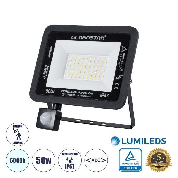 GloboStar® AURORA 61441 Επαγγελματικός Προβολέας LED 50W 6250lm 120° AC 220-240V με Ενσωματωμένο Ρυθμιζόμενο Αισθητήρα Κίνησης PIR - Αδιάβροχος IP67 - Μ21 x Π5 x Υ21cm - Μαύρο - Ψυχρό Λευκό 6000K - LUMILEDS Chips - TÜV Rheinland Certified - 3 Years Warran