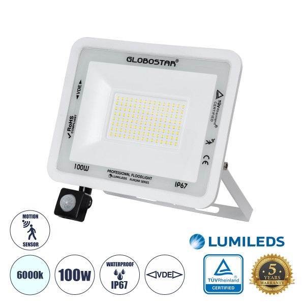 GloboStar® AURORA 61444 Επαγγελματικός Προβολέας LED 100W 12500lm 120° AC 220-240V με Ενσωματωμένο Ρυθμιζόμενο Αισθητήρα Κίνησης PIR - Αδιάβροχος IP67 - Μ25 x Π6.5 x Υ27.5cm - Λευκό - Ψυχρό Λευκό 6000K - LUMILEDS Chips - TÜV Rheinland Certified - 3 Years 