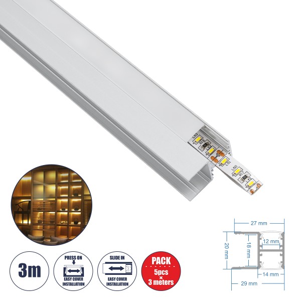 GloboStar® BOARD-PROFILE 70814-3M Προφίλ Αλουμινίου - Βάση & Ψύκτρα Ταινίας LED με Λευκό Γαλακτερό Κάλυμμα - Χρήση για Φωτισμού Ραφιού με Τοποθέτηση σε Ξύλο Πάχους 18mm - Πατητό Κάλυμμα - Ασημί - 3 Μέτρα - Πακέτο 5 Τεμαχίων - Μ300 x Π1.5 x Υ2cm