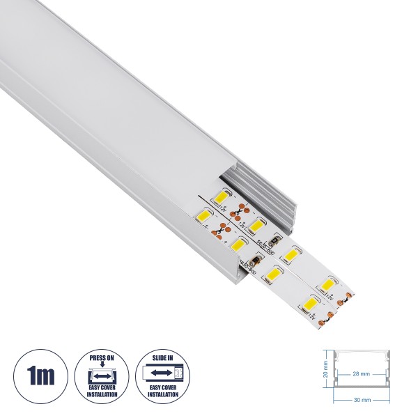 GloboStar® SURFACE-PROFILE 70824-1M Προφίλ Αλουμινίου - Βάση & Ψύκτρα Ταινίας LED με Λευκό Γαλακτερό Κάλυμμα - Επιφανειακή Χρήση - Πατητό Κάλυμμα - Ασημί - 1 Μέτρο - Μ100 x Π3 x Υ2cm