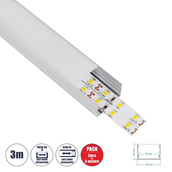 GloboStar® SURFACE-PROFILE 70824-3M Προφίλ Αλουμινίου - Βάση & Ψύκτρα Ταινίας LED με Λευκό Γαλακτερό Κάλυμμα - Επιφανειακή Χρήση - Πατητό Κάλυμμα - Ασημί - 3 Μέτρα - Πακέτο 5 Τεμαχίων - Μ300 x Π3 x Υ2cm