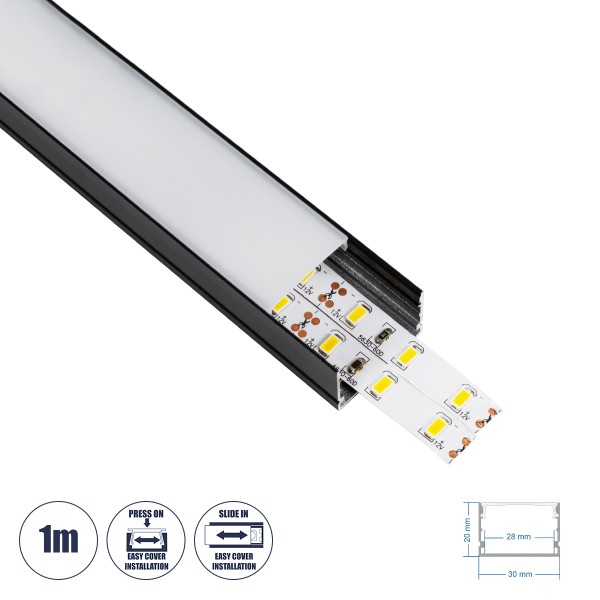 GloboStar® SURFACE-PROFILE 70825-1M Προφίλ Αλουμινίου - Βάση & Ψύκτρα Ταινίας LED με Λευκό Γαλακτερό Κάλυμμα - Επιφανειακή Χρήση - Πατητό Κάλυμμα - Μαύρο - 1 Μέτρο - Μ100 x Π3 x Υ2cm