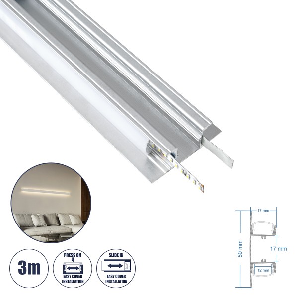 GloboStar® SURFACE-PROFILE 70844-3M Προφίλ Αλουμινίου - Βάση & Ψύκτρα Ταινίας LED με Λευκό Γαλακτερό Κάλυμμα - Επιφανειακή Χρήση Δημιουργίας Κρυφού Φωτισμού Πάνω/Κάτω - Πατητό Κάλυμμα - Ασημί - 3 Μέτρα - Μ300 x Π5 x Υ1.7cm