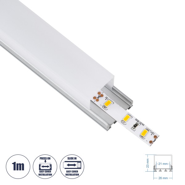 GloboStar® SURFACEPENDANT-PROFILE 70847-1M Προφίλ Αλουμινίου - Βάση & Ψύκτρα Ταινίας LED με Λευκό Γαλακτερό Κάλυμμα - Επιφανειακή & Κρεμαστή Χρήση - Πατητό Κάλυμμα - Ασημί - 1 Μέτρο - Μ100 x Π2.6 x Υ2.3cm