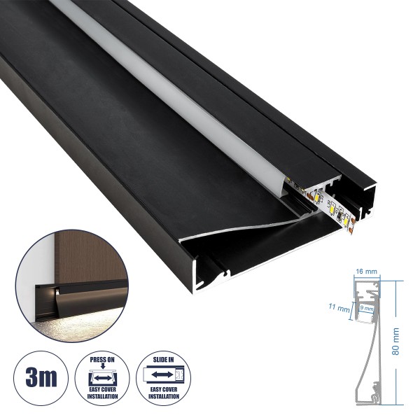 GloboStar® SKIRTINGBOARD-PROFILE 70852-3M Προφίλ Αλουμινίου - Βάση & Ψύκτρα Ταινίας LED με Λευκό Γαλακτερό Κάλυμμα - Επιφανειακή Χρήση για Περβάζι - Πατητό Κάλυμμα - Μαύρο - 3 Μέτρα - Μ300 x Π1.6 x Υ8cm