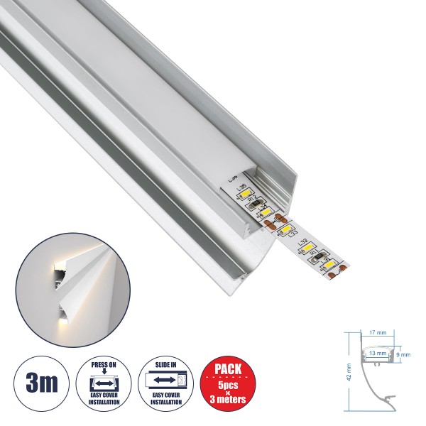 GloboStar® SURFACE-PROFILE 70857-3M Προφίλ Αλουμινίου - Βάση & Ψύκτρα Ταινίας LED με Λευκό Γαλακτερό Κάλυμμα - Επιφανειακή Χρήση Δημιουργίας Κρυφού Φωτισμού - Πατητό Κάλυμμα - Ασημί - 3 Μέτρα - Πακέτο 5 Τεμαχίων - Μ300 x Π1.7 x Υ4.2cm