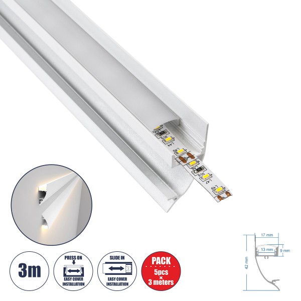 GloboStar® SURFACE-PROFILE 70858-3M Προφίλ Αλουμινίου - Βάση & Ψύκτρα Ταινίας LED με Λευκό Γαλακτερό Κάλυμμα - Επιφανειακή Χρήση Δημιουργίας Κρυφού Φωτισμού - Πατητό Κάλυμμα - Λευκό - 3 Μέτρα - Πακέτο 5 Τεμαχίων - Μ300 x Π1.7 x Υ4.2cm