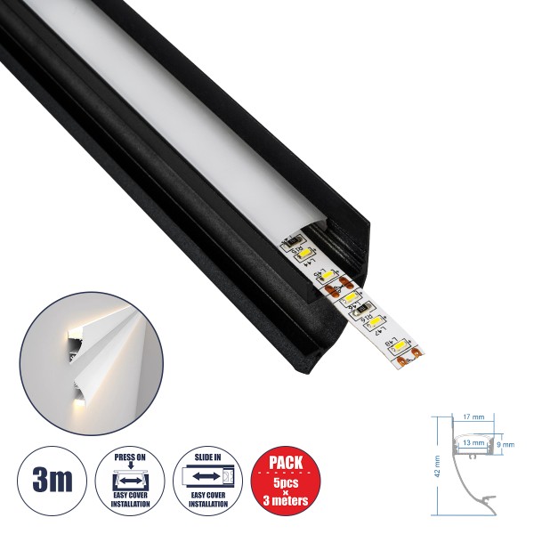 GloboStar® SURFACE-PROFILE 70859-3M Προφίλ Αλουμινίου - Βάση & Ψύκτρα Ταινίας LED με Λευκό Γαλακτερό Κάλυμμα - Επιφανειακή Χρήση Δημιουργίας Κρυφού Φωτισμού - Πατητό Κάλυμμα - Μαύρο - 3 Μέτρα - Πακέτο 5 Τεμαχίων - Μ300 x Π1.7 x Υ4.2cm