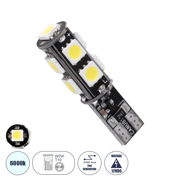 GloboStar® 81096 Λάμπα Αυτοκίνητου LED T10 W5W 2rd Generation Can-Bus Series 9xSMD5050 4.14W 540lm 360° DC 12-16V IP20 Φ1 x Υ3.9cm Ψυχρό Λευκό 6000K