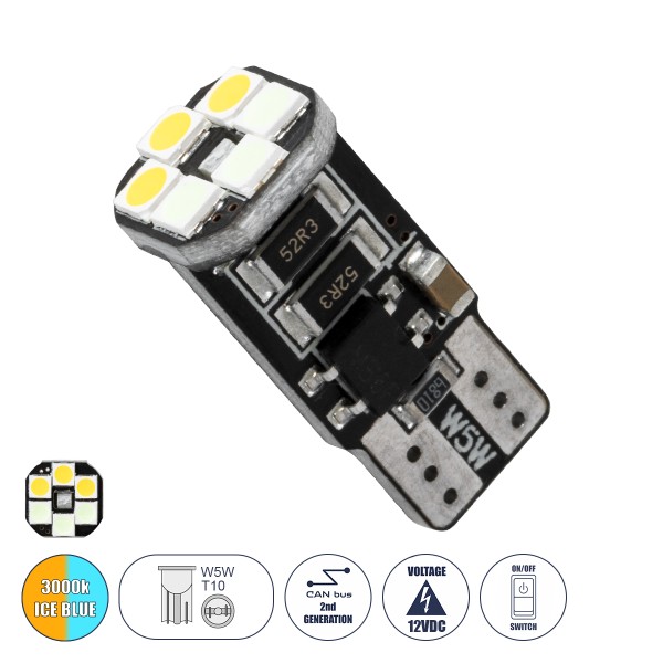 GloboStar® 81466 Λάμπα Αυτοκινήτου LED 3 Stage Color Change by Switch On/Off T10 W5W 2rd Generation Can-Bus Series 10xSMD3535 1.3W 156lm 360° DC 10-48V IP20 Μ1 x Π1 x Υ2.5cm Θερμό Λευκό 3000K & Ice Blue