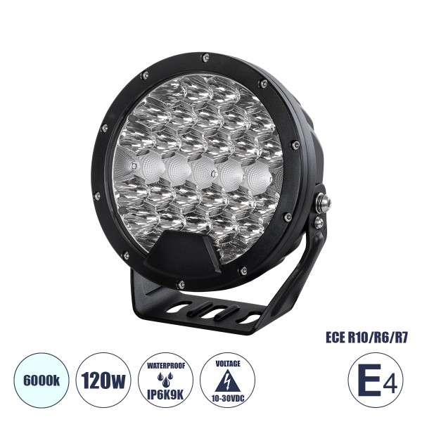 GloboStar® 85338 E4 Mark Vehicle & JEEP Work Lights - Φώτα Εργασίας για Οχήματα και JEEP LED High Power 120W DC 10-30V Αδιάβροχo IP6K9K Ψυχρό Λευκό 6000K M18 x Π7 x Υ19cm