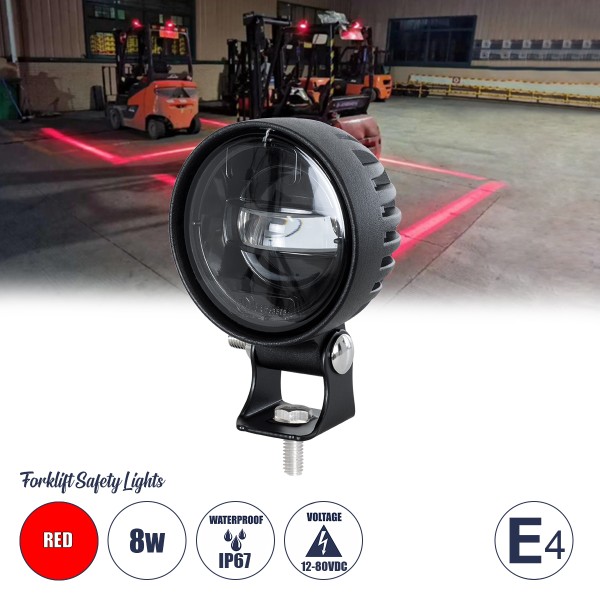 GloboStar® 85340 E4 Mark Forklift Safety Lights - Φώτα Προειδοποίησης & Διαγράμμισης Ασφαλείας για Περονοφόρα - Κλάρκ LED 8W DC 12-80V Αδιάβροχο IP67 Κόκκινο Μ8.5 x Π6.5 x Υ12cm