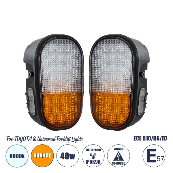 GloboStar® 85455 E57 Mark Σετ 2 x Φανάρια για TOYOTA & UNIVERSAL FORKLIFT Βασικού Φωτισμού για Οχήματα Περονοφόρα - Κλάρκ με Φλας LED 40W DC 10-80V Αδιάβροχα IP6K9K Πορτοκαλί & Ψυχρό Λευκό 6000K  Μ20 x Π8 x Υ12cm