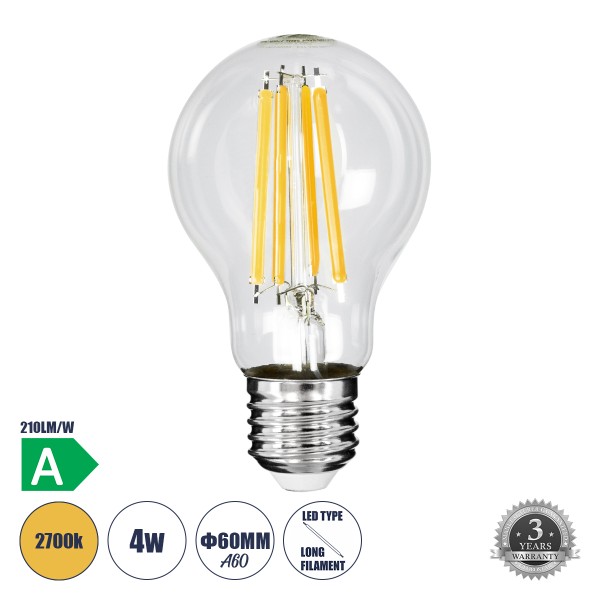 GloboStar® 99083 Λάμπα LED Long Filament E27 A60 Γλόμπος 4W 840lm 360° AC 220-240V IP20 Φ6 x Υ11cm Θερμό Λευκό 2700K με Διάφανο Γυαλί - Pro Series 210lm/W - A Ενεργειακή Κλάση - 3 Χρόνια Εγγύηση