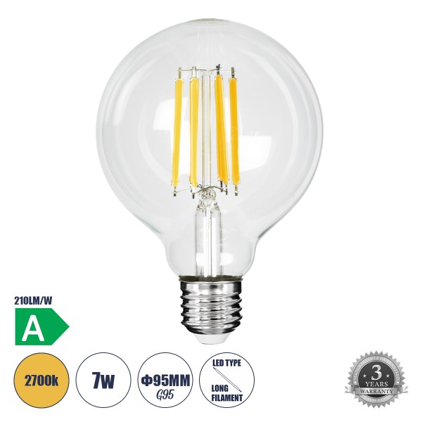 GloboStar® 99088 Λάμπα LED Long Filament E27 G95 Γλόμπος 7W 1470lm 360° AC 220-240V IP20 Φ9.5 x Υ13.8cm Θερμό Λευκό 2700K με Διάφανο Γυαλί - Pro Series 210lm/W - A Ενεργειακή Κλάση - 3 Χρόνια Εγγύηση