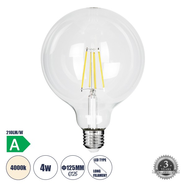 GloboStar® 99093 Λάμπα LED Long Filament E27 G125 Γλόμπος 4W 840lm 360° AC 220-240V IP20 Φ12.5 x Υ13.8cm Φυσικό Λευκό 4000K με Διάφανο Γυαλί - Pro Series 210lm/W - A Ενεργειακή Κλάση - 3 Χρόνια Εγγύηση