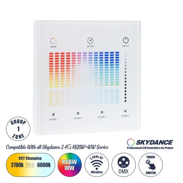 GloboStar® 73153 T15-S SKYDANCE Ασύρματο DMX512 Επιτοίχιο Χειριστήριο RF 2.4Ghz 1 Group για όλα τα SKYDANCE DMX512 Controller AC 100-240V Max 0.1A - IP20 Μ8.5 x Μ8.5 x Π8.5 x Υ3.5cm - 5 Χρόνια Εγγύηση