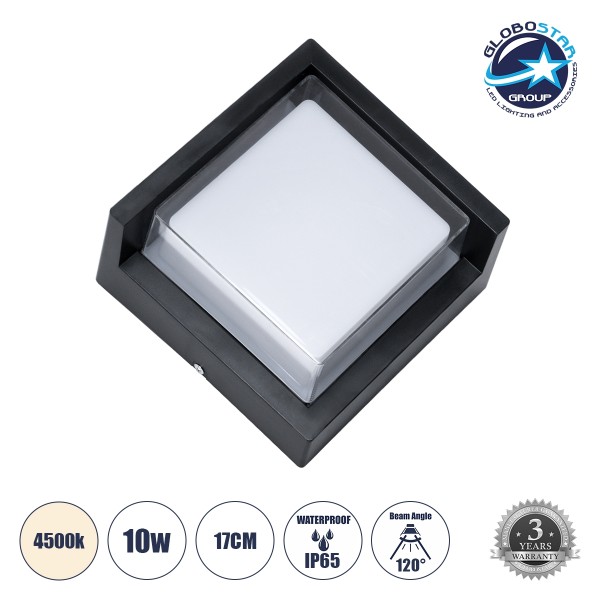 GLOBOSTAR® APEX 60770 Φωτιστικό Τοίχου - Απλίκα Αρχιτεκτονικού Φωτισμού Εσωτερικού/Εξωτερικού Χώρου Up or Down LED 10W 1050lm 120° AC175-265V Αδιάβροχο IP65 - Πλαστικό Σώμα - Φυσικό λευκό 4500K - Μ17 x Π17 x Υ9cm - Μαύρο - Bridgelux Chip - 3 Χρόνια Εγγύησ