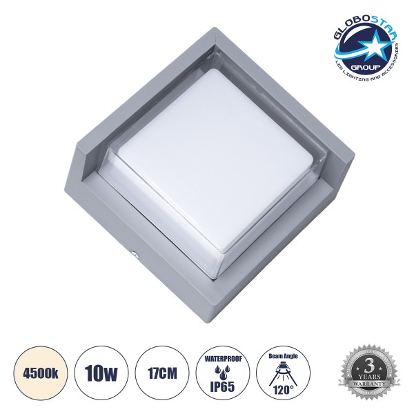 GLOBOSTAR® APEX 60771 Φωτιστικό Τοίχου - Απλίκα Αρχιτεκτονικού Φωτισμού Εσωτερικού/Εξωτερικού Χώρου Up or Down LED 10W 1050lm 120° AC175-265V Αδιάβροχο IP65 - Πλαστικό Σώμα - Φυσικό λευκό 4500K - Μ17 x Π17 x Υ9cm - Γκρι - Bridgelux Chip - 3 Χρόνια Εγγύηση