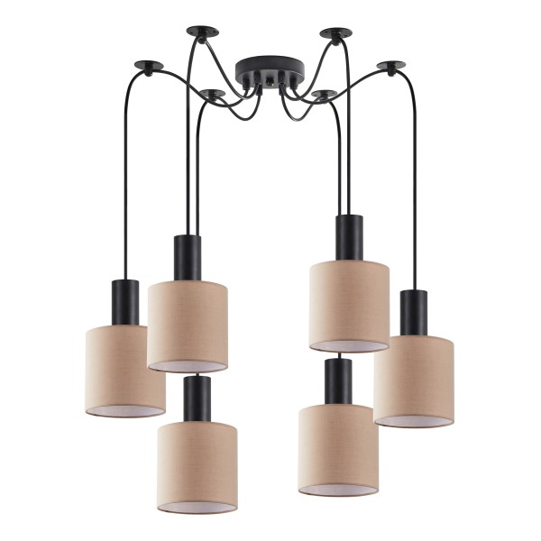 SE21-BL-4-BL6-SH3 ADEPT TUBE Black Pendant Brown Fabric Shade+