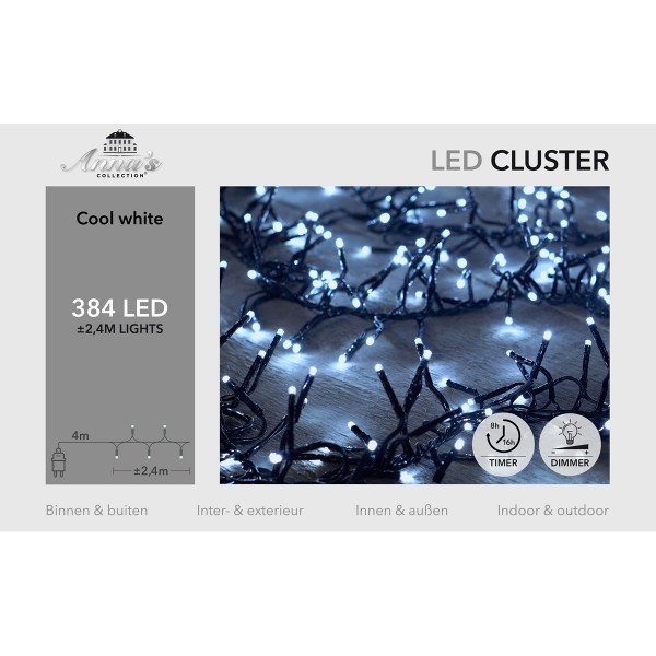 ΦΩΤΑΚΙΑ CLUSTER  384LED/2,4M  ΨΥΧΡΟ ΛΕΥΚΟ - 4M ΚΑΛΩΔΙΟ ΜΑΥΡΟ 36V/IP44 ΜΕΤΑΣΧΗΜΑΤΙΣΤΗΣ  3.6VA - ON / 8/16H TIMER / OFF /