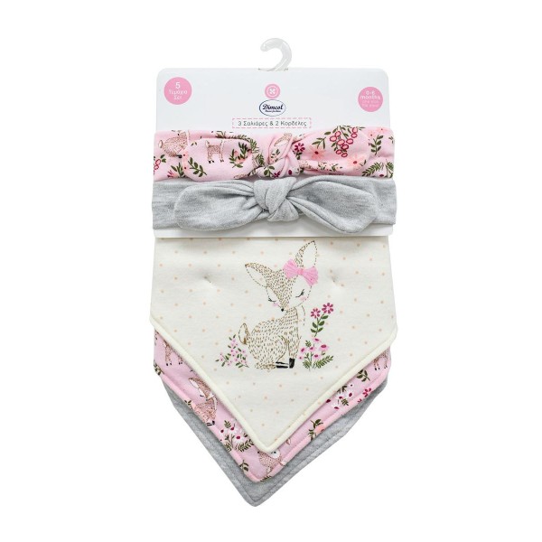 Σετ 5τμχ Σαλιάρες Μπαντάνα Interlock Και Κορδέλες Polycotton  Deer 25 Pink Dimcol 31310702002