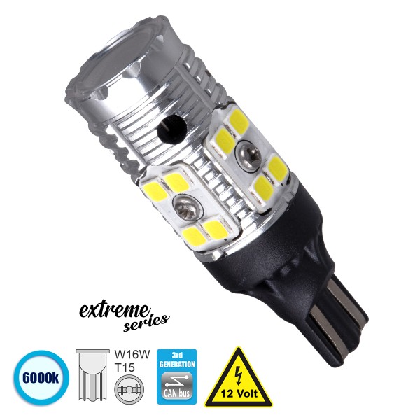 GloboStar® 81131 Λάμπα Αυτοκίνητου T15 - W16W 3rd Generation Can-Bus Extreme Series LED 16 SMD 3030 13W 1950lm 360° DC 12V IP20 Ψυχρό Λευκό 6000K