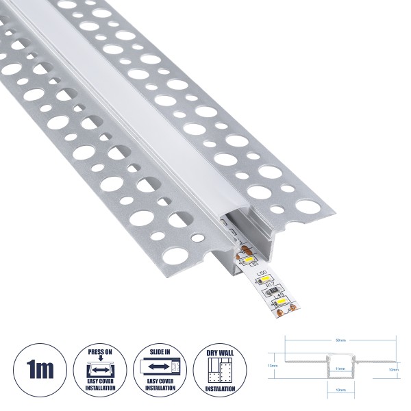 GloboStar® PLASTERBOARD-PROFILE 70838-1M Προφίλ Αλουμινίου - Βάση & Ψύκτρα Ταινίας LED με Λευκό Γαλακτερό Κάλυμμα - Χωνευτή Χρήση σε Γυψοσανίδα - Trimless - Πατητό Κάλυμμα - Ασημί - 1 Μέτρο - Μ100 x Π5.6 x Υ1.5cm