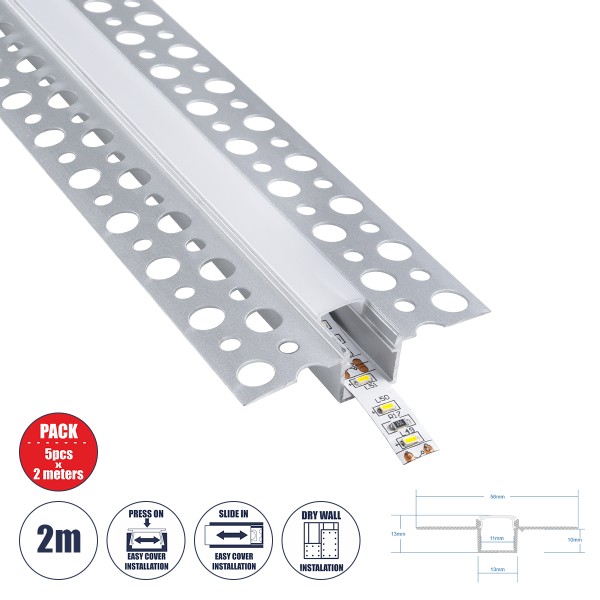 GloboStar® PLASTERBOARD-PROFILE 70838-2M Προφίλ Αλουμινίου - Βάση & Ψύκτρα Ταινίας LED με Λευκό Γαλακτερό Κάλυμμα - Χωνευτή Χρήση σε Γυψοσανίδα - Trimless - Πατητό Κάλυμμα - Ασημί - 2 Μέτρα - Πακέτο 5 Τεμαχίων - Μ200 x Π5.6 x Υ1.5cm