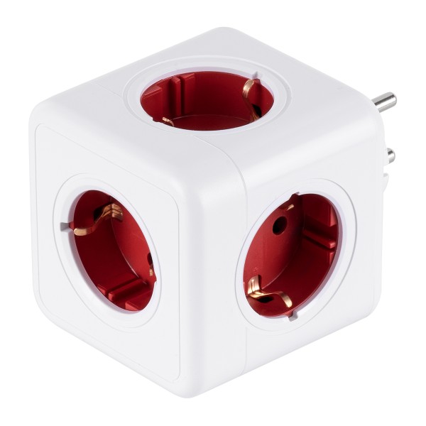 GloboStar® TRAVEL PowerCube PRO Certified 79628 Πολύπριζο 5 Θέσεων με 5 Πρίζες Ασφαλείας Childproof EU Schuko AC 220-240V Μ7.5 x Π11.5 x Υ7.5 - Λευκό με Κόκκινο - Max Load 3680W/16A