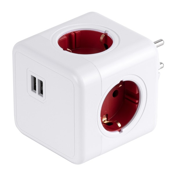 GloboStar® TRAVEL PowerCube PRO Certified 79634 Πολύπριζο 6 Θέσεων με 4 Πρίζες Ασφαλείας Childproof EU Schuko AC 220-240V & 2 Πρίζες USB Max 2.1A/DC 5V Μ7.5 x Π11.5 x Υ7.5 - Λευκό με Κόκκινο - Max Load 3680W/16A