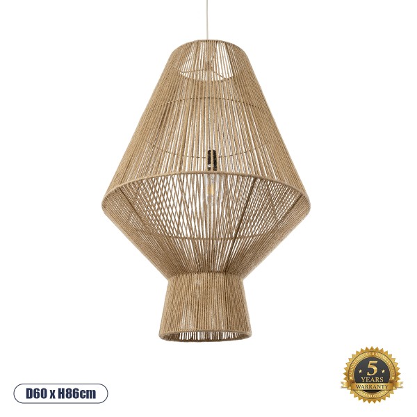 GloboStar® CAYMAN 01854 Boho Κρεμαστό Φωτιστικό Οροφής Μονόφωτο 1 x E27 AC220-240V IP20 - Φ60 x Υ86cm - Μπεζ Λεπτό Σχοινί Τριχιά Πλέγμα - 5 Χρόνια Εγγύηση