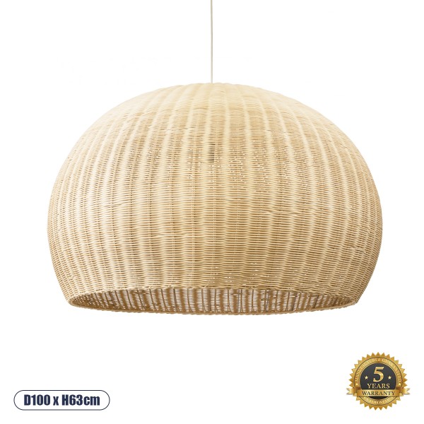 GloboStar® RAITO 01826 Boho Κρεμαστό Φωτιστικό Οροφής Μονόφωτο 1 x E27 AC220-240V IP20 - Φ100 x Υ63cm - Μπεζ Ξύλινο Μπαμπού Πλέγμα Καμπάνα - 5 Χρόνια Εγγύηση