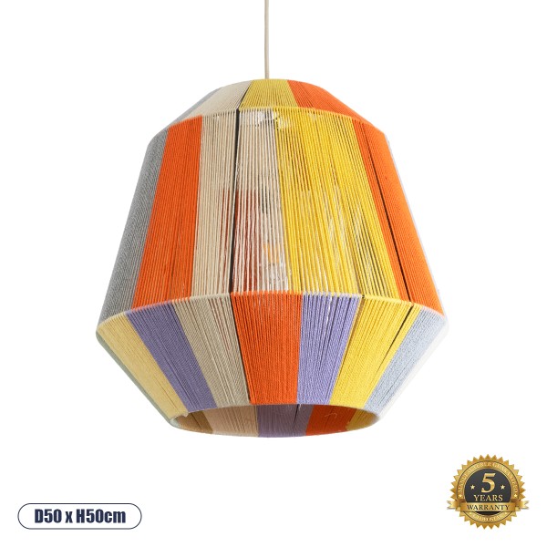 GloboStar® SALERNO 02188 Boho Κρεμαστό Φωτιστικό Οροφής Μονόφωτο 1 x E27 AC220-240V IP20 - Φ50 x Υ50cm - Μπεζ με Λευκό και Γρι με Πορτοκαλί Λεπτό Νήμα Βαμβακερό Πλέγμα Καμπάνα