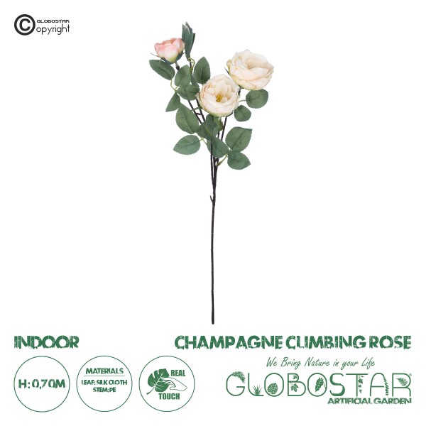 GloboStar® Artificial Garden CHAMPAGNE CLIMBING ROSE BRANCH 21182 Τεχνητό Διακοσμητικό Κλαδί Τριαντάφυλλο Σαμπανιζέ Y70cm