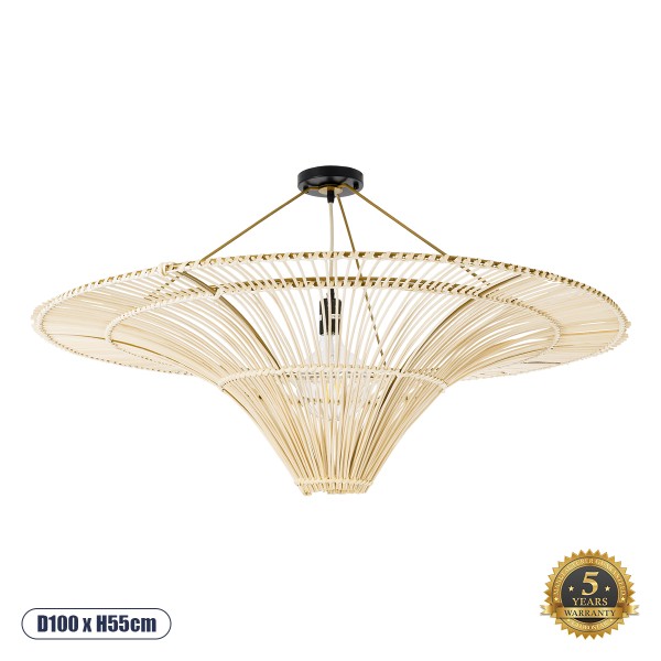 GloboStar® PALERMO 02153 Boho Φωτιστικό Οροφής Μονόφωτο 1 x E27 AC220-240V IP20 - Φ100 x Υ55cm - Μπεζ Ξύλινο Μπαμπού Πλέγμα