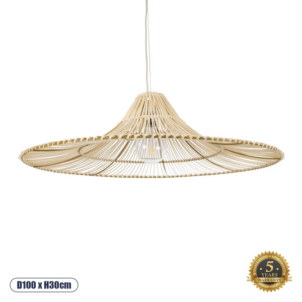 GloboStar® PALERMO 02209 Boho Κρεμαστό Φωτιστικό Οροφής Μονόφωτο 1 x E27 AC220-240V IP20 - Φ100 x Υ30cm - Μπεζ Ξύλινο Μπαμπού Πλέγμα