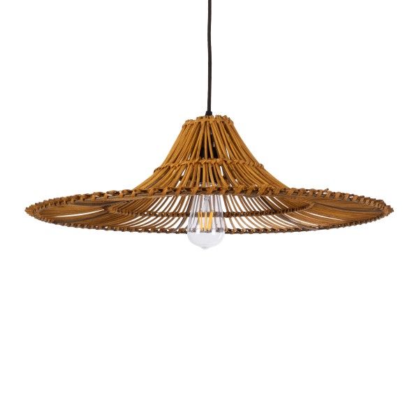 GloboStar® PALERMO 02310 Boho Κρεμαστό Φωτιστικό Οροφής Μονόφωτο 1 x E27 AC220-240V IP20 - Φ60 x Υ18cm - Μπεζ Καφέ Ξύλινο Μπαμπού Πλέγμα