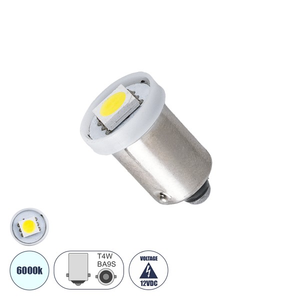 GloboStar® BA9S T4W 81282 Λάμπα Αυτοκίνητου 5050 1SMD HIGH BRIGHT 0.12W 12LM DC12V IP20 Ψυχρό Λευκό 6000K