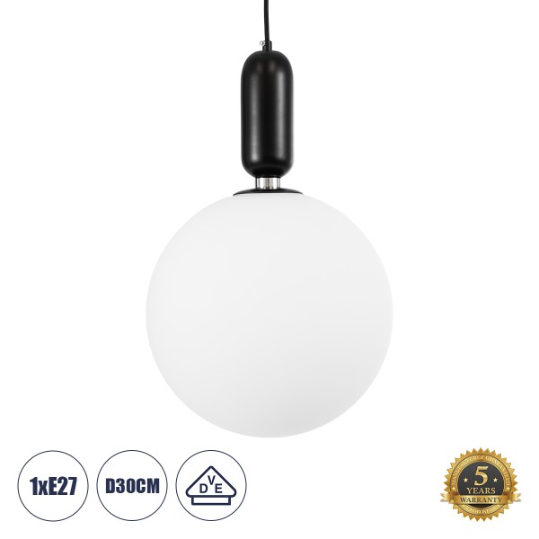 GloboStar® ESTETICO 61496 Μοντέρνο Κρεμαστό Φωτιστικό Οροφής Μονόφωτο 1 x E27 Γαλακτερή Γυάλινη Μπάλα με Μεταλλικό Μαύρο Ματ Σώμα Φ30 x Υ48cm