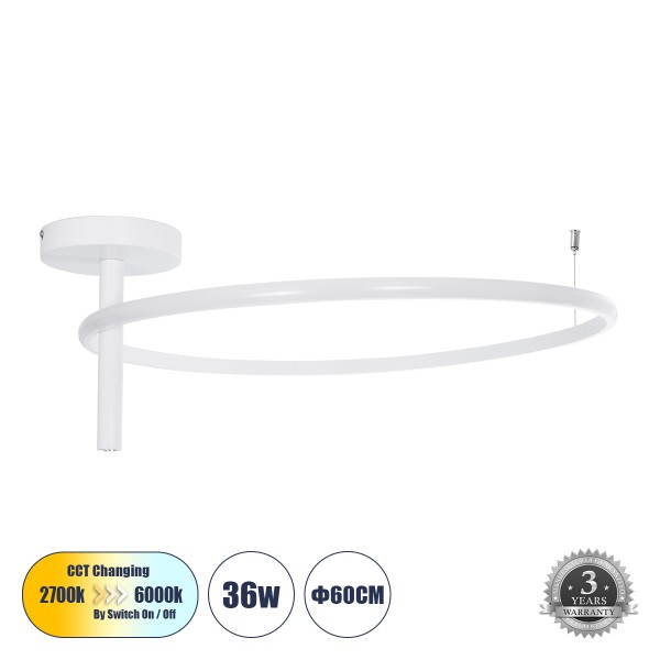 GloboStar® VERONA 61224 Φωτιστικό Οροφής Δαχτυλίδι-Κύκλος LED CCT 36W 4032lm 360° AC 220-240V - Εναλλαγή Φωτισμού μέσω Διακόπτη On/Off All In One Ψυχρό 6000k+Φυσικό 4500k+Θερμό 2700K Φ60 x Υ23cm - Λευκό - 3 Χρόνια Εγγύηση